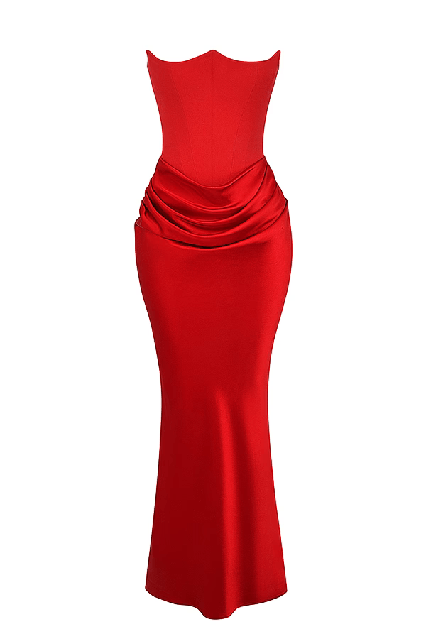 Saten Maxi Straplez Elbise