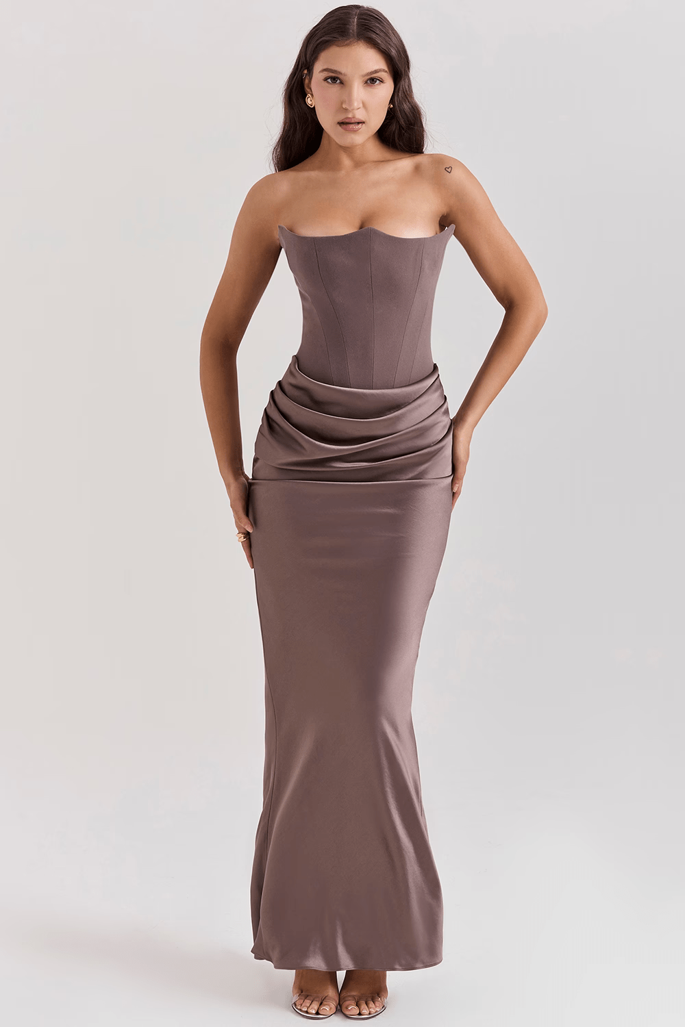Saten Maxi Straplez Elbise