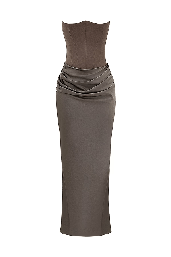 Saten Maxi Straplez Elbise