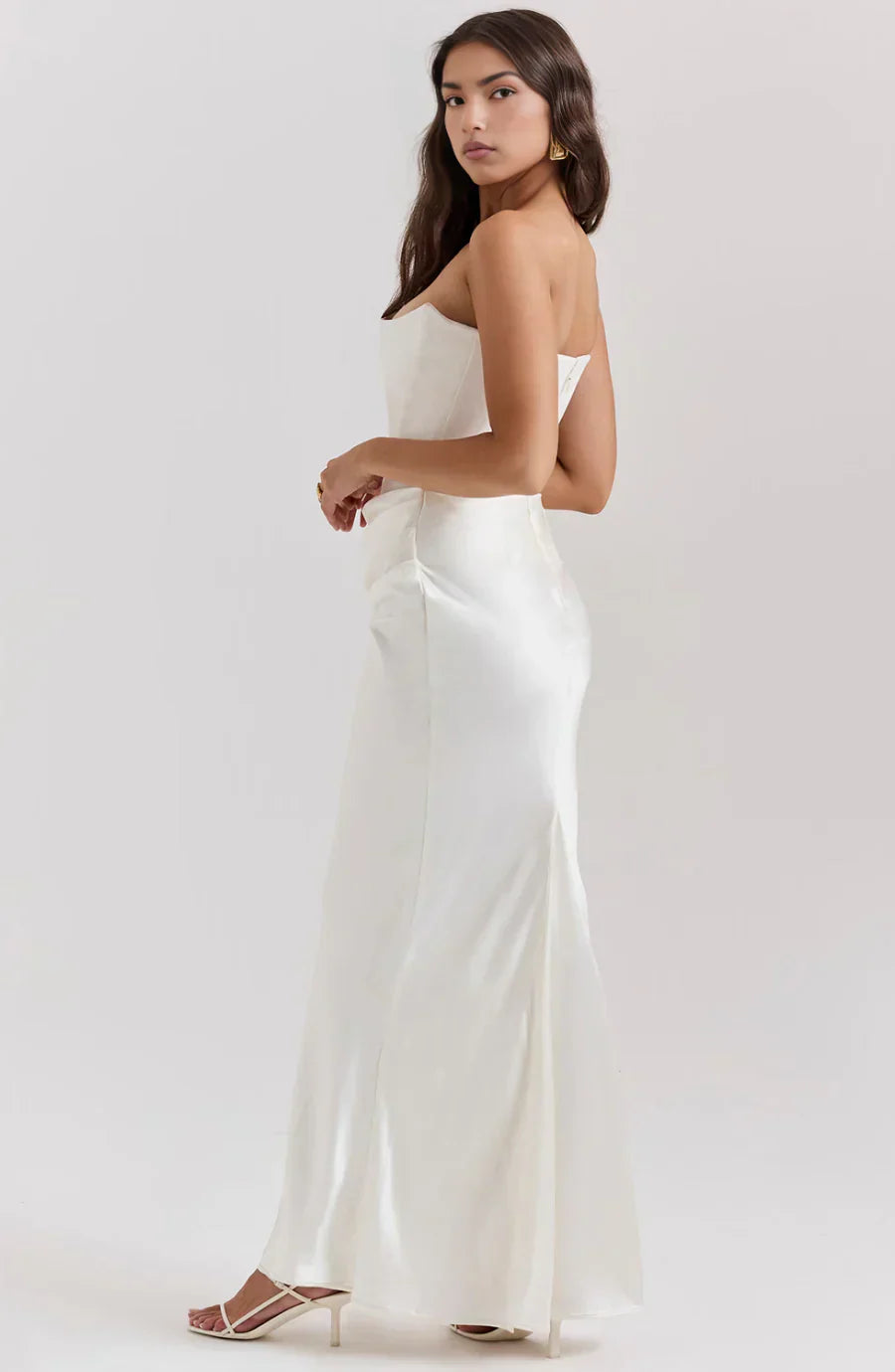 Saten Maxi Straplez Elbise