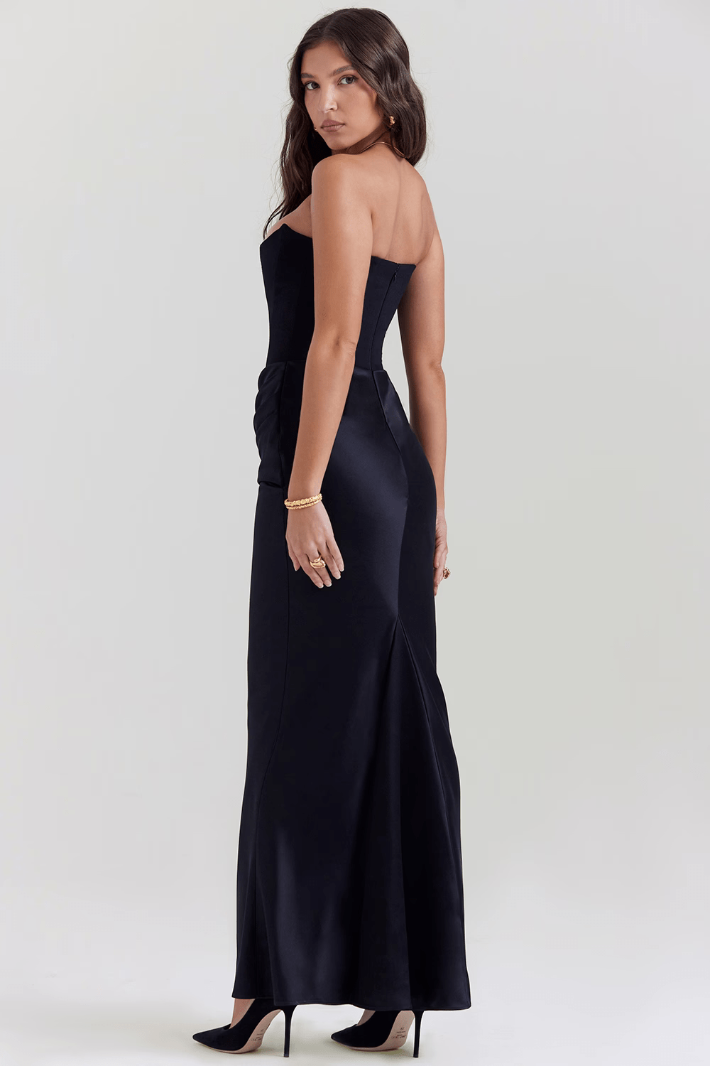 Saten Maxi Straplez Elbise