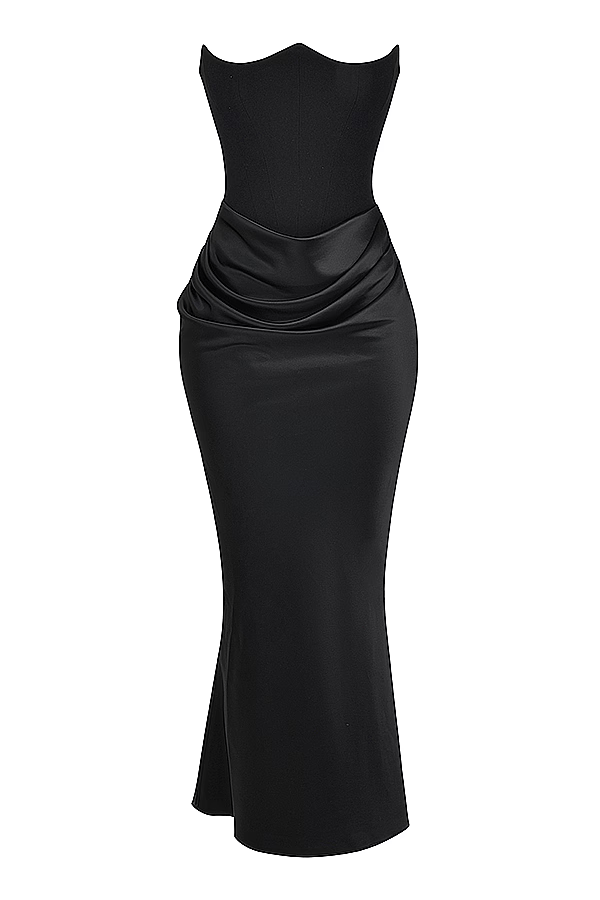 Saten Maxi Straplez Elbise
