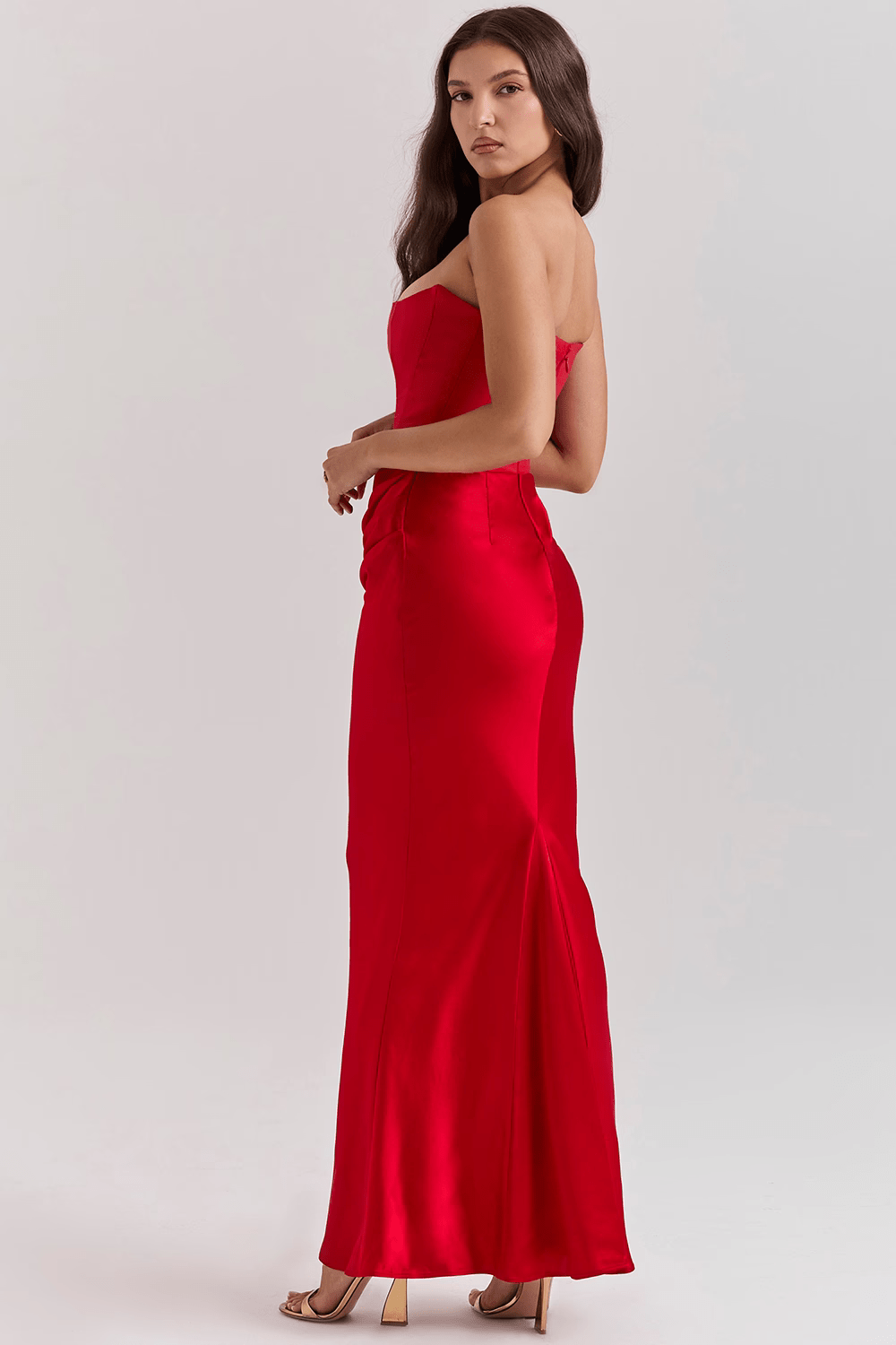 Saten Maxi Straplez Elbise
