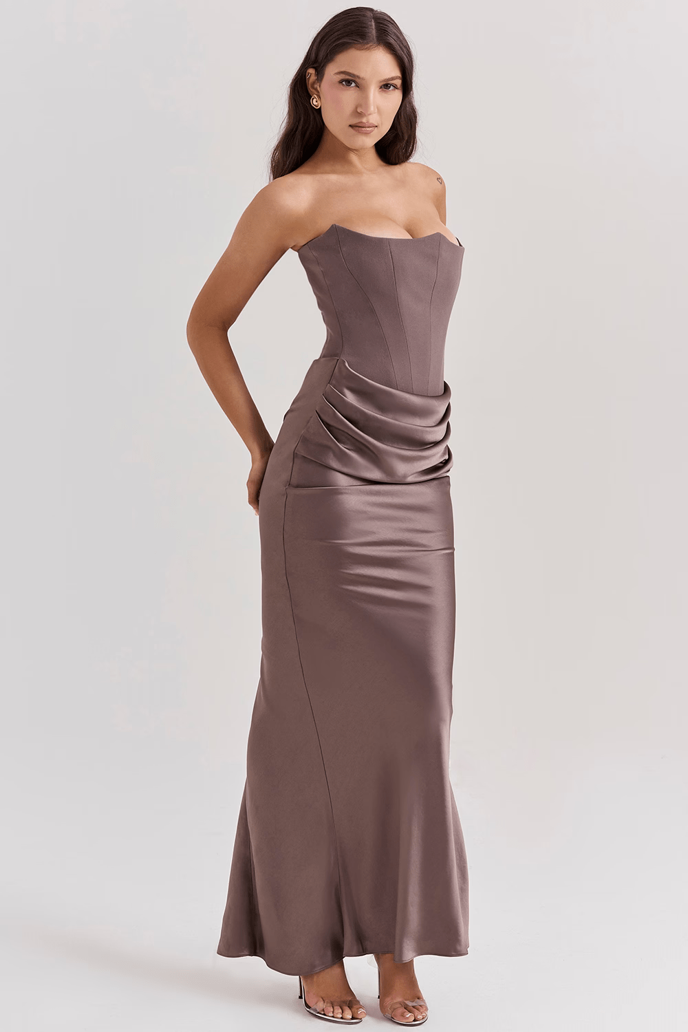 Saten Maxi Straplez Elbise