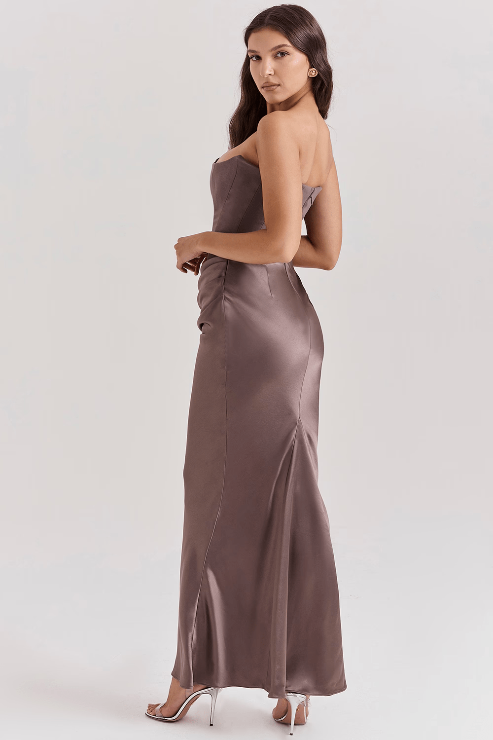 Saten Maxi Straplez Elbise