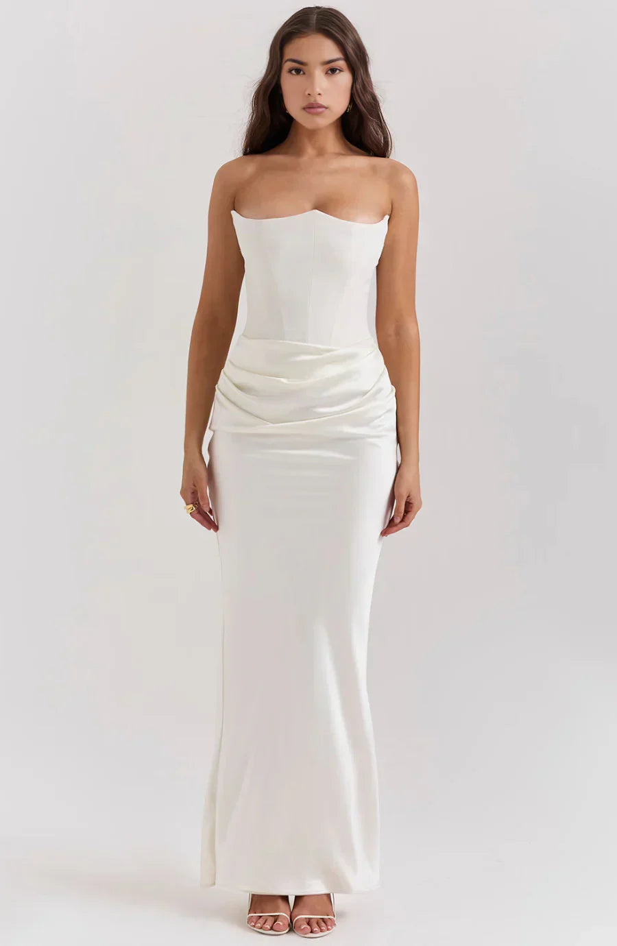 Saten Maxi Straplez Elbise