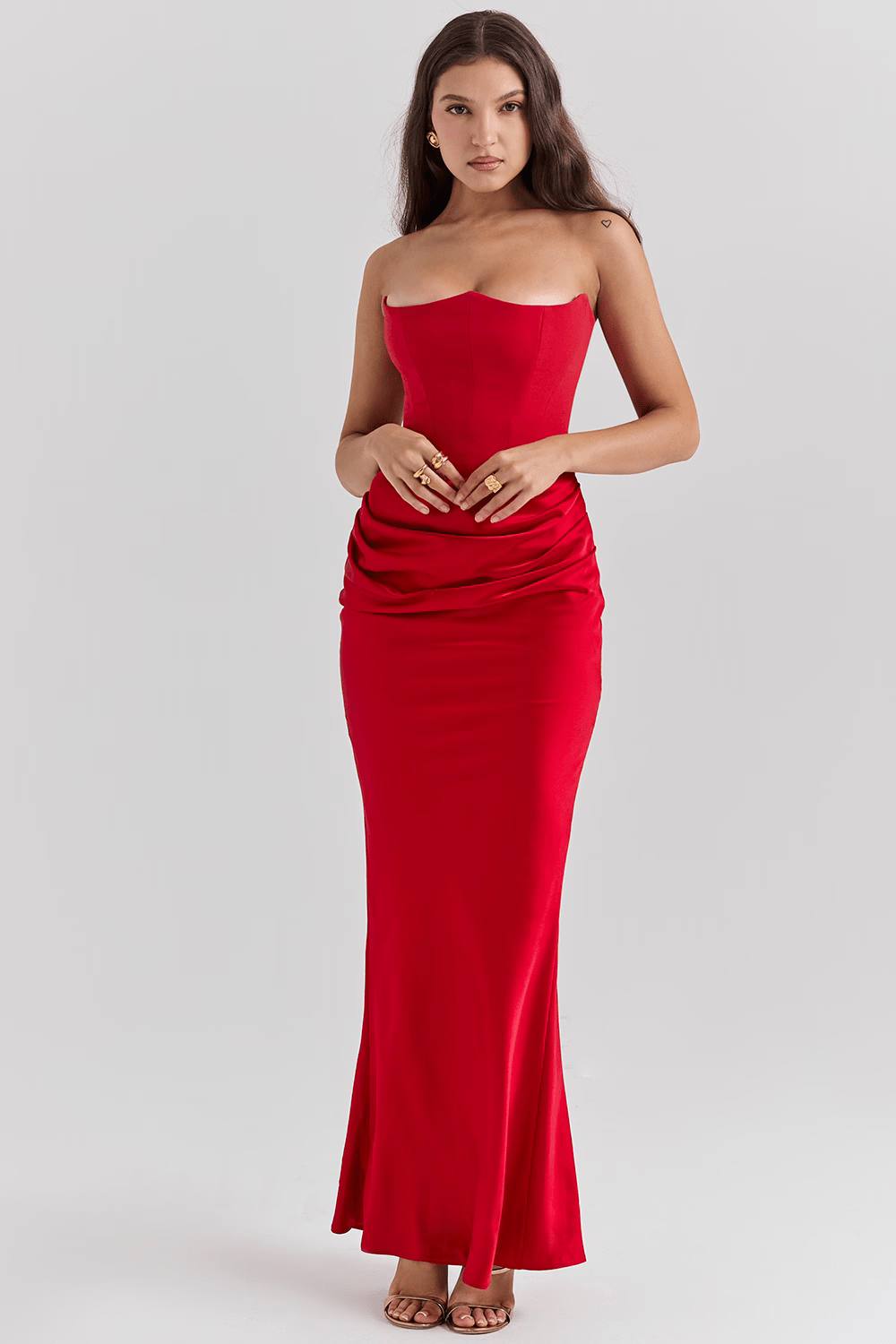 Saten Maxi Straplez Elbise